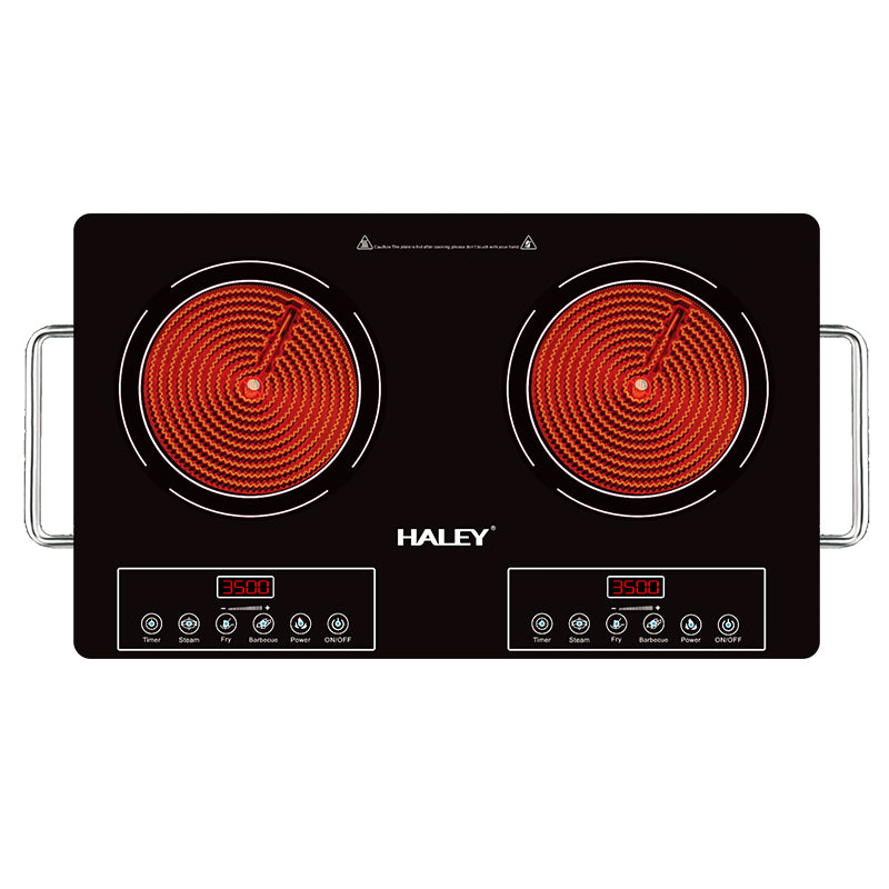Plită Ceramica HALEY, 2 Ochiuri – 3500W, Geam Cristal Negru, Timer, Control Tactil, Oprire Automată